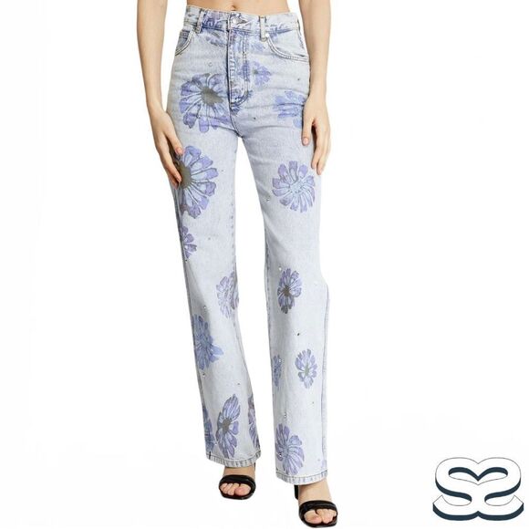 Sandro **NWT** Blossom Floral Print Rhinestone Straight Jeans in Blue Je… - Picture 12 of 15